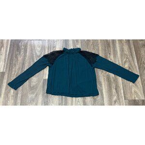 ZARA W&B KNIT TOP MOCK NECK LACE SHOULDERS STRETCH LONG SLEEVE TOP GREEN SIZE S